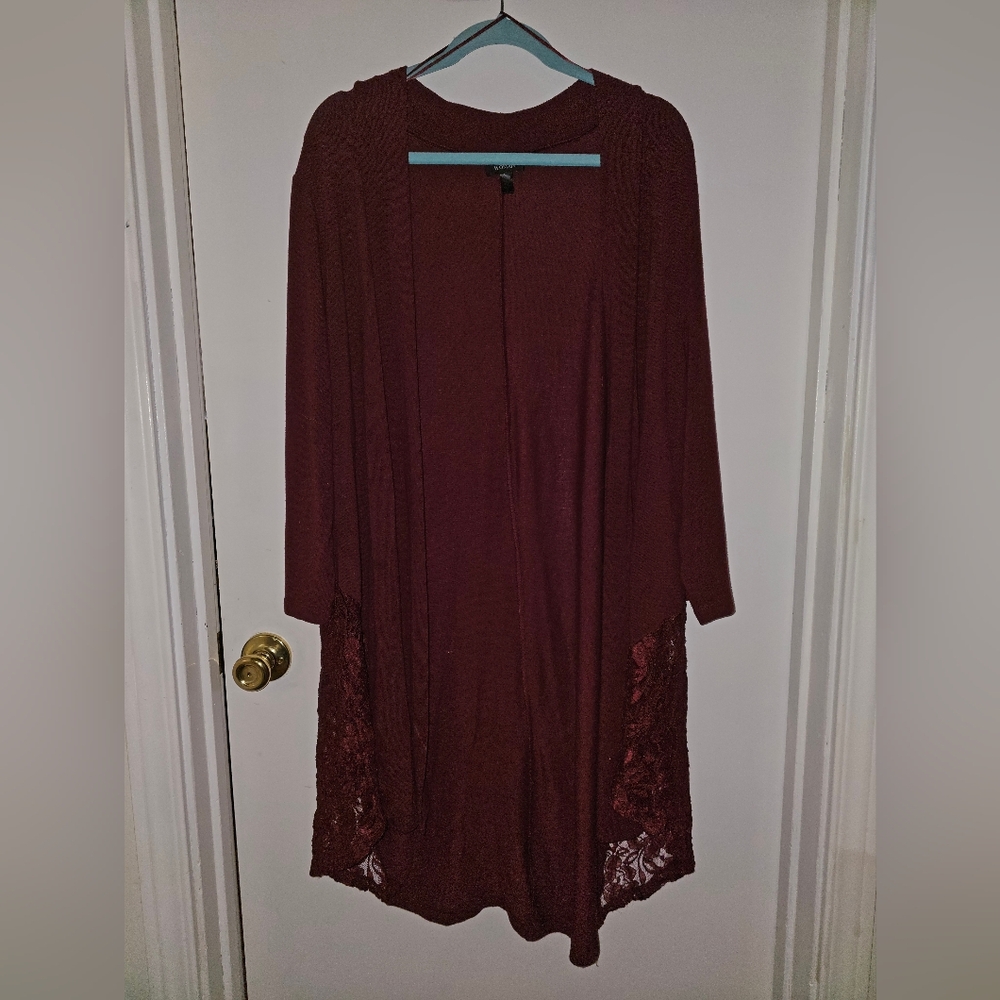 J.B.S. Women's Burgundy Open Front Lace-Trim Cardigan